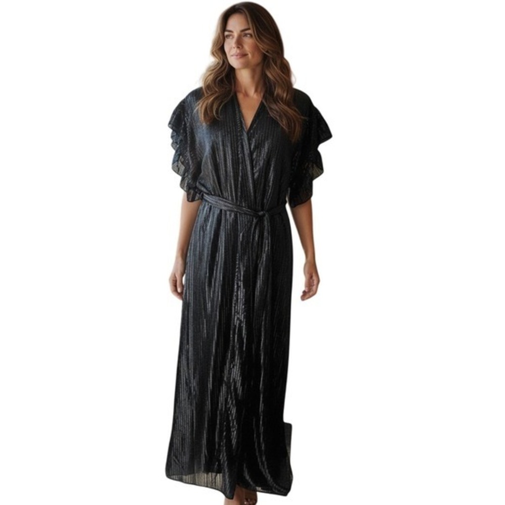 Vintage Molyclaire Black Lace Maxi Peignoir Textured Stripe Gown Matching Robe S